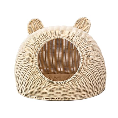 SZSXYBZ Weiden-Kunststoff-Katzenbett für Hauskatzen, niedliches Katzenohren-Katzenbett, Höhle, handgewebt, halbgeschlossen, Rattan, Beige, 22 cm von SZSXYBZ