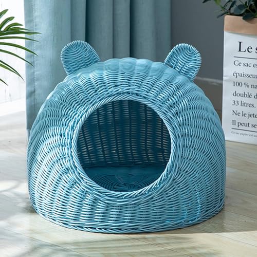 SZSXYBZ Weiden-Kunststoff-Katzenbett für Hauskatzen, niedliches Katzenohren-Katzenbett, Höhle, handgewebt, halbgeschlossenes Katzenhaus aus Rattan (Blau, 22 cm) von SZSXYBZ