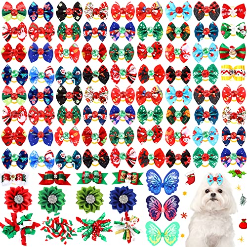 100 Stück Weihnachten Hundehaarschleifen mit Gummibändern Weihnachten Schneemann Schleifen Welpe Schmetterling Topknot Blume Fellpflege Schleife Tierhaarschmuck für Hunde Katzen Welpen Kätzchen von Sadnyy