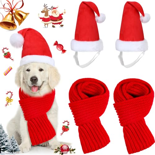 Sadnyy 4-teiliges Weihnachtsmannmützen-Set mit Schal für Hunde und Katzen, Haustier-Weihnachtskostüm, Weihnachtsmannmütze mit rotem Muffel, Winterwelpenkostüm für kleine, mittelgroße und große Hunde von Sadnyy