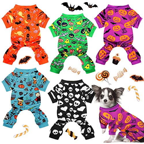 5 Stück Halloween Hund Pyjama Atmungsaktiv Welpen Kleidung Kürbis Totenkopf Welpen Bodysuit Shirt Hund Halloween Kostüme PET Jumpsuit für Haustier Welpen Hund Katze Zubehör (klein) von Sadnyy