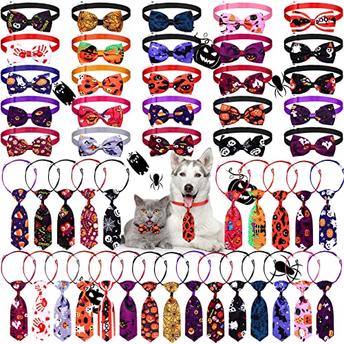 50-teiliges Halloween-Hundehalsband-Set enthält 25 Stück Thanksgiving-Hunde-Fliegen und 25 Hunde-Krawatten mit verstellbarem Halsband, Haustierpflege-Zubehör für Herbst, Hunde, Katzen (coole Muster) von Sadnyy