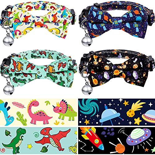 Sadnyy 4 Stück Universum Dinosaurier Katzenhalsband Breakaway mit niedlicher Fliege und Glöckchen verstellbar Sicherheit Haustier Halsband Muster für Kätzchen Kitty Katze Stile von Sadnyy