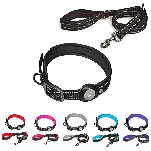 SaiDeng Reflektierendes Hundehalsband Leine Set mit Sicherheitsschnalle, verstellbare weiche Neopren verdickte Gürtelschnalle Haustier Positionierungshalsband für kleine und mittelgroße Hunde schwarz von SaiDeng