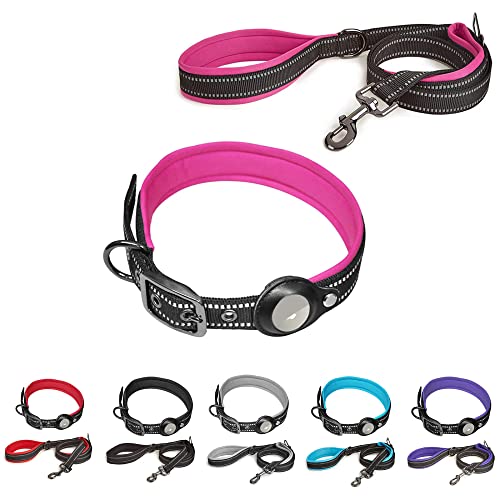 SaiDeng Reflektierendes Hundehalsband Leine Set mit Sicherheitsschnalle, verstellbare weiche Neopren verdickte Gürtelschnalle Haustier Positionierungshalsband für kleine und mittelgroße Hunde Rose Rot S von SaiDeng