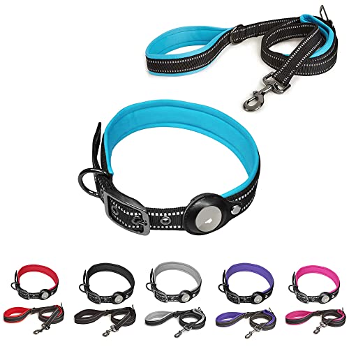 SaiDeng Reflektierendes Hundehalsband Leine Set mit Sicherheitsschnalle, verstellbare weiche Neopren verdickte Gürtelschnalle Haustier Positionierungshalsband für kleine und mittelgroße Hunde blau M von SaiDeng