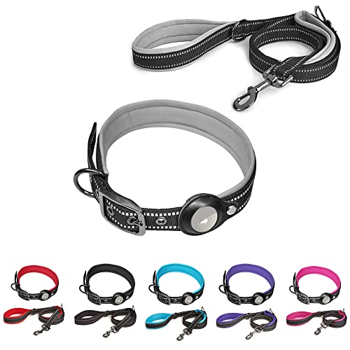 SaiDeng Reflektierendes Hundehalsband Leine Set mit Sicherheitsschnalle, verstellbare weiche Neopren verdickte Gürtelschnalle Haustier Positionierungshalsband für kleine und mittelgroße Hunde grau M von SaiDeng