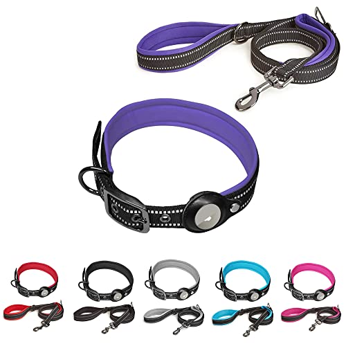 SaiDeng Reflektierendes Hundehalsband Leine Set mit Sicherheitsschnalle, verstellbare weiche Neopren verdickte Gürtelschnalle Haustier Positionierungshalsband für kleine und mittelgroße Hunde lila M von SaiDeng