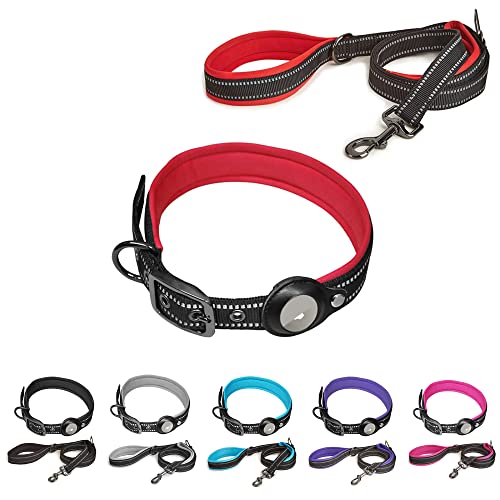 SaiDeng Reflektierendes Hundehalsband Leine Set mit Sicherheitsschnalle, verstellbare weiche Neopren verdickte Gürtelschnalle Haustier Positionierungshalsband für kleine und mittelgroße Hunde rot M von SaiDeng