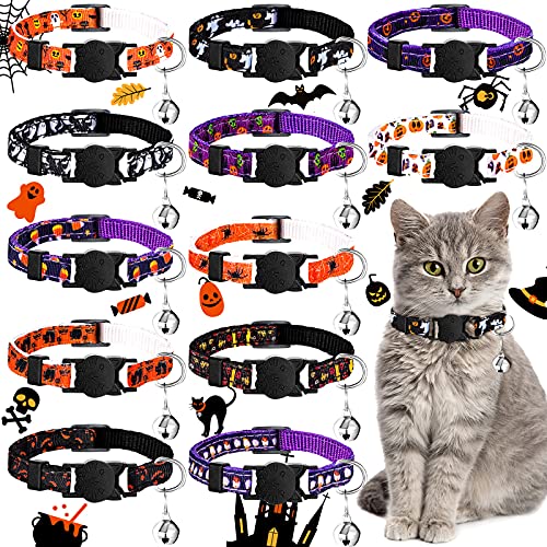 12 Stück Halloween Breakaway Katzenhalsband mit niedlicher Glocke, verstellbares Halloween Haustier Halsband Kürbis Geist Fledermaus Hundehalsband Halloween Katze Kostüm für Haustier Kätzchen Katzen von Saintrygo