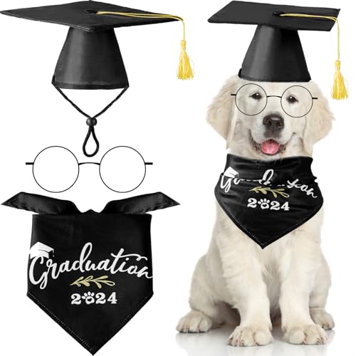 2 Stück Haustier Abschlusskappen Schwarz Hund Abschlussmützen mit Grad 2023 Hund Abschluss Bandana Schal Haustier Cosplay Brillen Set für kleine mittelgroße große Hunde Katzen Abschluss Party Kleid Kostüm Zubehör von Saintrygo