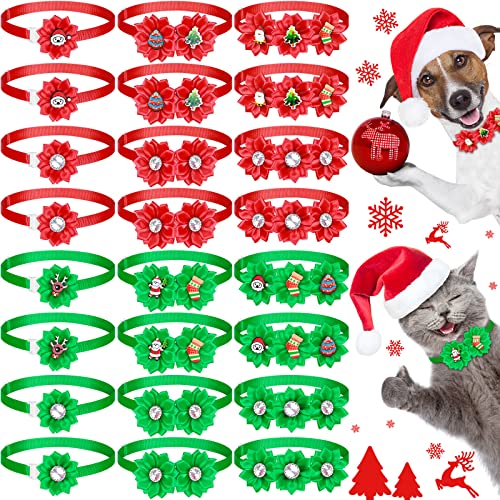 24 Stück Weihnachten Hund Blumenhalsband Hunde Fliegen Verstellbar Hundehalsband Blume Künstliche Diamant Blumenhalsband Weihnachten Hund Schleife Halsband Xmas Hundezubehör für Hunde Katzen von Saintrygo