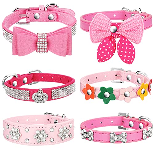 Hundehalsband für Mädchen, Welpen, Rosa, mit Strasssteinen, für Hunde und Katzen, mit Strasssteinen, Krone, Blumen, Fliege, Knochen, Dekoration für Mädchen, Hunde, Katzen, 6 Stück (XS) von Saintrygo