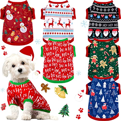 6 Stücke Weihnachten Hundekleidung Haustier Shirts Atmungsaktiv Welpen Weste Gedruckt Weihnachten Schneemann Rentier Santa Claus Hundeshirts für Weiches Outfit Hunde und Katzen (M) von Saintrygo