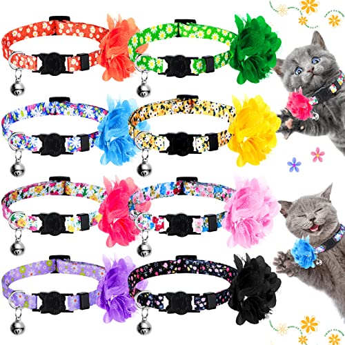 8 Stück Katzenhalsbänder für Mädchen, Katzen mit Glöckchen und abnehmbarer Blume, verstellbar, Sicherheitsverschluss, Katzenhalsband, Blumenmuster, buntes Blumen-Katzenhalsband mit Glöckchen für Haustiere von Saintrygo