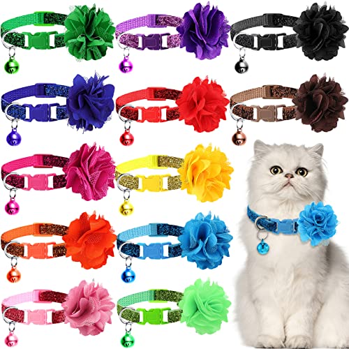 Katzenhalsband mit Blumen und Glöckchen für Mädchen, Katzen, Sommer, Katzenhalsband, verstellbar, Blumenzubehör für kleine Haustiere, Mädchen, Katzen, 12 Stück von Saintrygo