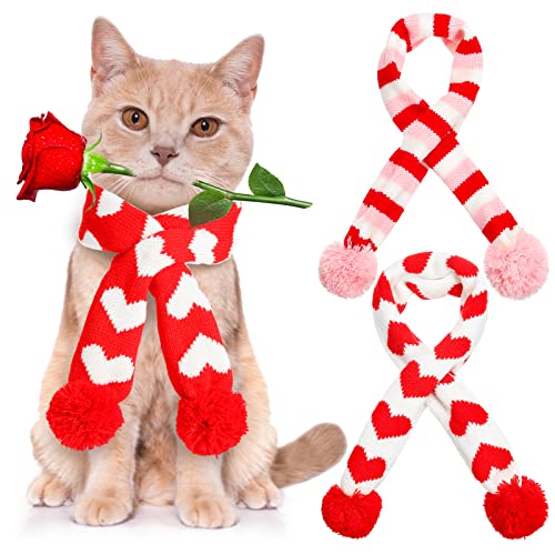 Saintrygo 3 Stück Valentinstag Haustier Schal Winter Gestreifte Schals Rot Strick mit Pompon Ball Schal Valentinstag Rot Herz Schal Warm Haustier Bekleidung Kostüm Zubehör für Katze Hund 3 Stile von Saintrygo