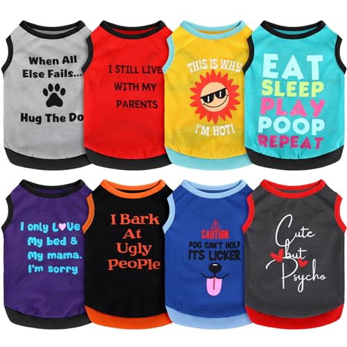 Saintrygo Hunde-Shirts, bedruckte Kleidung mit lustigen Buchstaben, Sommer, cooles Welpen-Shirt, atmungsaktiv, weiches Hunde-Sweatshirt für Haustiere, Hunde, Katzen, zartes Muster, Größe S, 8 Stück von Saintrygo