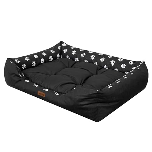 Hundebett Hundesofa - L: 92 x 73 x 23 cm - Schwarz + Hundepfotenmuster, Hundekissen mit erhöhte Ränder für kleine, mittelgroße und große Hunde Hundekörbchen Kuscheliges Hundedecke Hundeliege von Sales Core