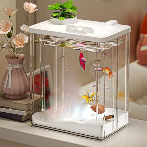 Desktop-Acryl-Aquarium | Aquarium-Starter-Sets Mit Luftpumpe Und Licht | Moderner, Kleines, transparenter Tank mit künstlichen Blumen für Fische, Garnelen und Goldfische von Salyeeluly