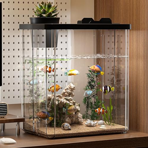 Desktop-Acryl-Aquarium | Aquarium-Starter-Sets Mit Luftpumpe Und Licht | Moderner, Kleines, transparenter Tank mit künstlichen Blumen für Fische, Garnelen und Goldfische von Salyeeluly