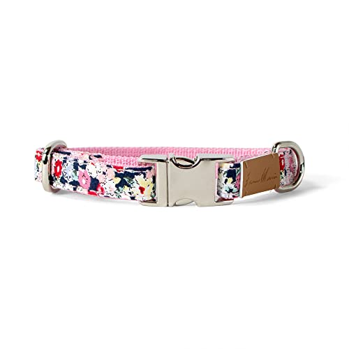 Sam & Maui Hundehalsband mit Blumenmuster, Baumwolle, glänzend, verchromt, silberfarben, Metallschnalle, 08 - Marineblau, Größe S von Sam & Maui