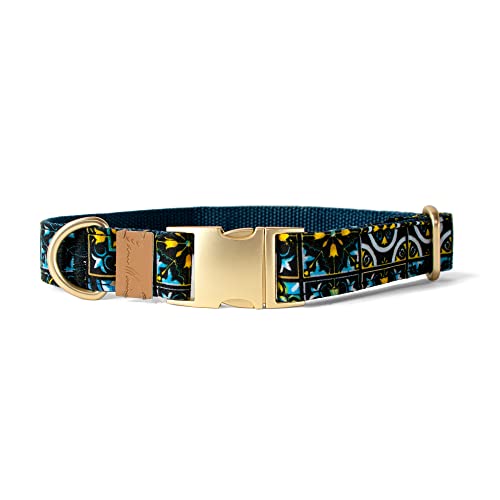 Sam & Maui Hundehalsband mit Blumenmuster, Baumwolle, matt, goldfarbene Metallschnalle, 05 - Blau, Größe M von Sam & Maui