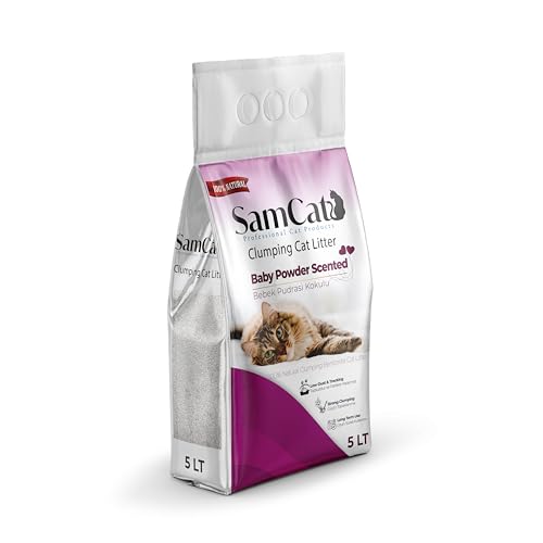 Samcat Katzenstreu – staubfrei, stark klumpend, hohe Absorption – klebt Nicht an den Pfoten – erhältlich in Seifenlauge, Lavendel, Babypuder, Gänseblümchen – 5 l/10 l-Optionen (Babypuder, 5L) von SamCat