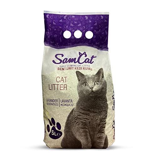 Samcat Katzenstreu – staubfrei, stark klumpend, hohe Absorption – klebt Nicht an den Pfoten – erhältlich in Seifenlauge, Lavendel, Babypuder, Gänseblümchen – 5 l/10 l-Optionen (Lavendel, 5L) von SamCat