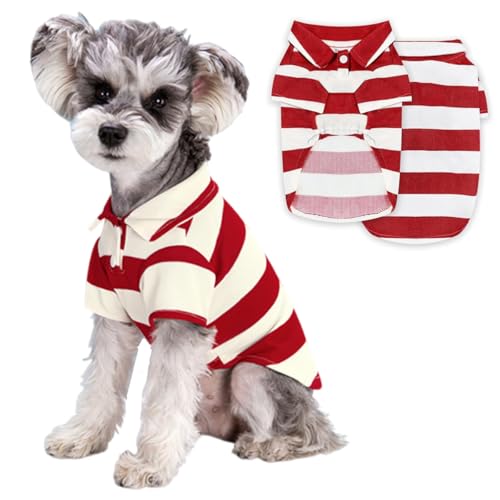 SamHeng Hunde Poloshirt, Modische Streifen Katzen Welpen Sommer T-Shirt, Atmungsaktives Dünnes Hundeshirt Haustier Kleidung Pullover Hemd Haustier Coole Kleidung für Kleine Haustiere (Rot-L) von SamHeng