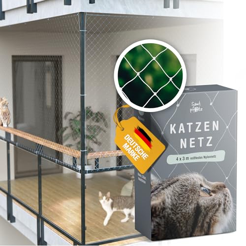 Samtpfote® Katzennetz für Balkon & Fenster - 4 x 3 m - Balkonnetz transparent und reißfest - Robustes, langlebiges Katzenschutznetz inkl. Montagematerial von Samtpfote
