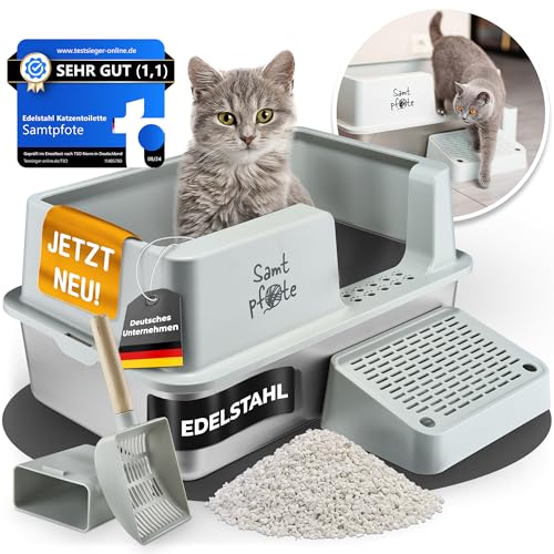 Samtpfote® Premium Katzenklo Edelstahl - XXL Katzentoilette mit Spritzschutz- antibakteriell - auslaufsicher - modernes offenes Design - leichte Reinigung - seitlicher Eingang von Samtpfote