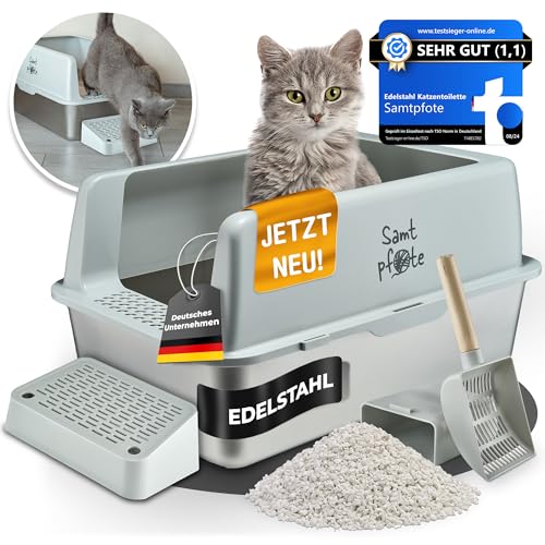 Samtpfote® Katzenklo Edelstahl - XXL Katzentoilette mit Spritzschutz - auslaufsicher - antibakteriell - modernes offenes Design - leichte Reinigung - für große Katzen geeignet - Eingang Vorne von Samtpfote