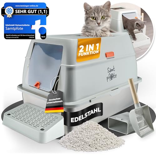 Samtpfote® Katzentoilette Edelstahl XXL - antibakteriell & robust - Katzenklo mit Spritzschutz (Geschlossen) von Samtpfote