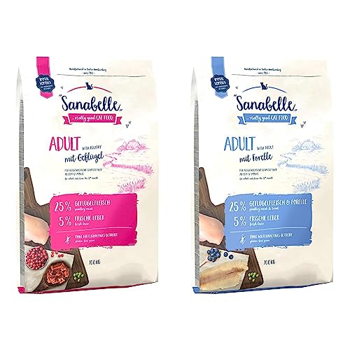 Sanabelle Adult mit Geflügel | Katzentrockenfutter für ausgewachsene Katzen | 1 x 10 kg & Adult mit Forelle | Katzentrockenfutter für ausgewachsene Katzen | 1 x 10 kg, von Sanabelle