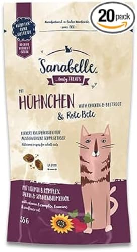 Sanabelle Knusperkissen mit Huhn und Rote Beete, Ergänzungsfuttermittel für ausgewachsene Katzen, 20 x 55 g von Sanabelle