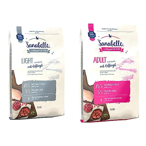 Sanabelle Light | Katzentrockenfutter mit vermindertem Energiergehalt für übergewichtige Katzen | 1 x 10 kg & Adult mit Geflügel | Katzentrockenfutter für ausgewachsene Katzen | 1 x 10 kg, von Sanabelle