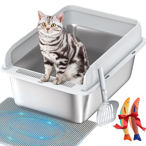 Sandpoy Enclosed Stainless Steel Litter Box with Lid, Cat Litter Box for Big Cats with High Sided, XL Metal Litter Box with Scoop, Litter Mat & Fish Toys, Easy Clean, Anti-Leakage, Non-Sticky von Sandpoy