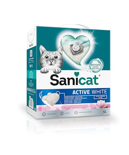 Sanicat Klumpstreu Active White mit Lotusblumenduft Hergestellt aus natürlichen Mineralien mit garantierter Geruchsbindung Absorbiert die Feuchtigkeit und erleichtert die Reinigung Packungsgröße 6l von Sanicat