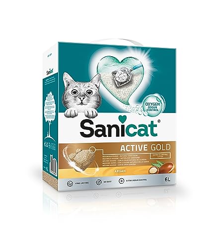 Sanicat – Klumpstreu Active Gold mit Arganduft | Hergestellt aus natürlichen Mineralien mit garantierter Geruchsbindung | Absorbiert die Feuchtigkeit und erleichtert die Reinigung | Packungsgröße 6 l von Sanicat