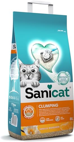 Sanicat – Klumpstreu mit Vanille-und Mandarinenduft. Hergestellt aus natürlichen Mineralien mit garantierter Geruchsbindung.Absorbiert die Feuchtigkeit und erleichtert die Reinigung. Packungsgröße 8 l von Sanicat