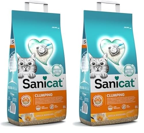 Sanicat – Klumpstreu mit Vanille-und Mandarinenduft. Hergestellt aus natürlichen Mineralien mit garantierter Geruchsbindung.Absorbiert die Feuchtigkeit und erleichtert die Reinigung. Packungsgröße 8 l von Sanicat