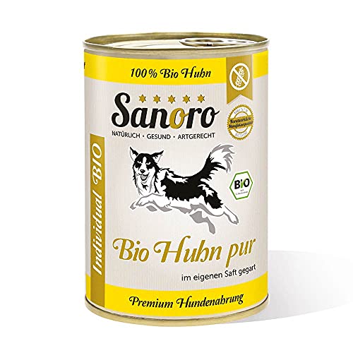 Sanoro Bio-Huhn pur mit Leber, 100% Bio-Huhn, salzfrei - Hundefutter in Bio-Qualität - singleprotein - für Ausschlußdiäten geeignet (12 x 400 g) von Sanoro