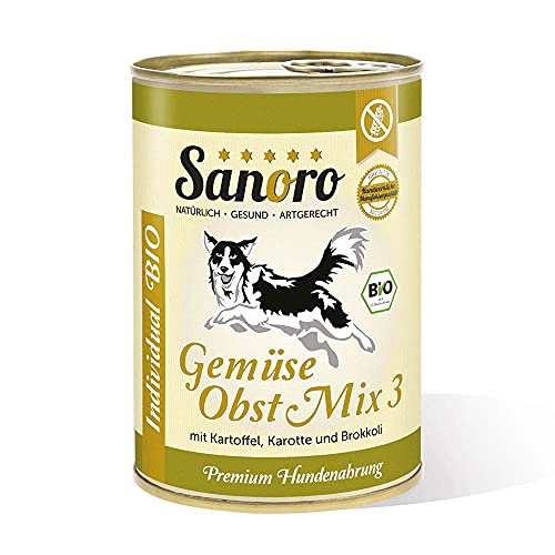 Sanoro Gemüse/Obst Mix 3 mit Bio-Kartoffeln - Premium-Hundefutter Bio-Qualität - Mix aus Bio-Kartoffel, Bio-Karotte, Bio-Brokkoli und Bio-Apfel - vegetarischer Barf-Zusatz (12 x 400 g) von Sanoro