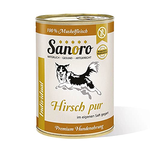 Sanoro Hirsch pur 100% Muskelfleischanteil, salzfrei - Premium-Hundefutter - Fleisch pur - singleprotein (12 x 400 g). von Sanoro