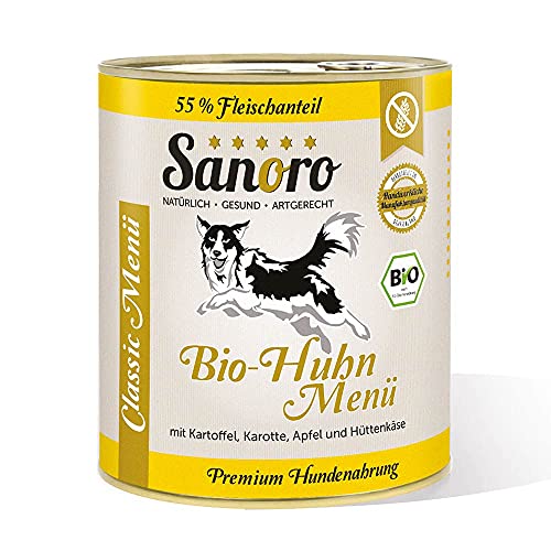 Sanoro Menü Classic Bio-Huhn mit 55% Fleischanteil - Premium Hundefutter in Bio-Qualität - Bio-Huhn mit Bio-Kartoffel, Bio-Karotte, Bio-Apfel und Bio-Hüttenkäse - singleprotein (1 x 800 g) von Sanoro