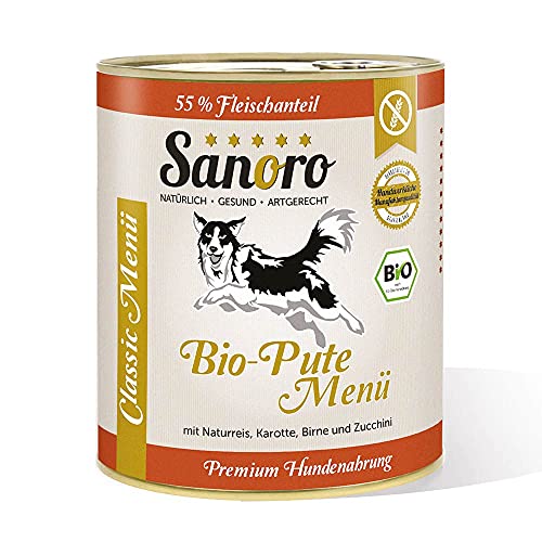 Sanoro Menü Classic Bio-Pute mit 55% Fleischanteil - Premium Hundefutter in Bio-Qualität - Bio-Pute mit Bio-Naturreis, Bio-Karotte, Bio-Birne und Bio-Zucchini - singleprotein (1 x 800g) von Sanoro