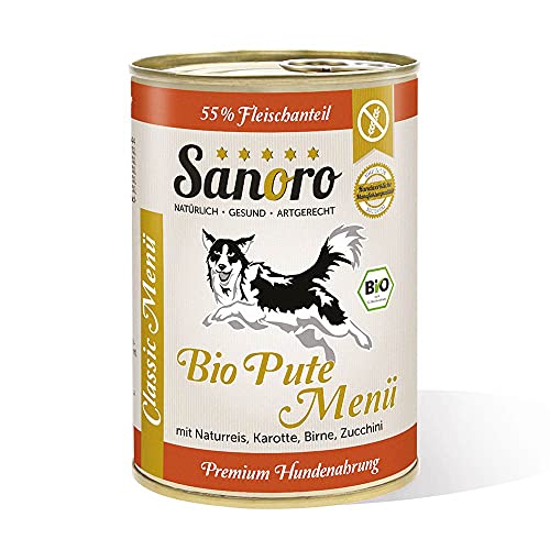 Sanoro Menü Classic Bio-Pute mit 55% Fleischanteil - Premium Hundefutter in Bio-Qualität - Bio-Pute mit Bio-Naturreis, Bio-Karotte, Bio-Birne und Bio-Zucchini - singleprotein (12 x 400g) von Sanoro