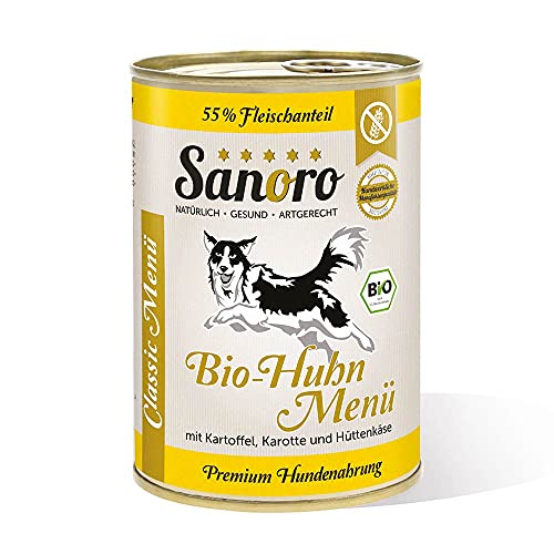 Sanoro Menü Classic Huhn mit 55% Fleischanteil - Premium Hundefutter in Teil-Bio-Qualität - Huhn mit Bio-Kartoffel, Bio-Karotte, Bio-Apfel und Bio-Hüttenkäse - singleprotein (12 x 400g). von Sanoro