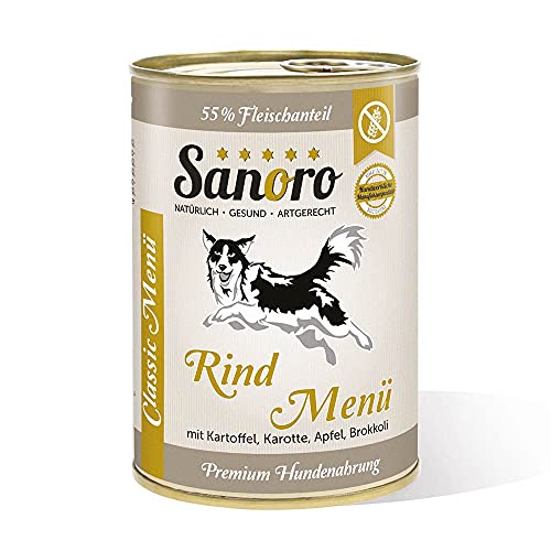 Sanoro Menü Classic Rind mit 55% Fleischanteil - Premium Hundefutter in Teil-Bio-Qualität - Rind mit Bio-Kartoffel, Bio-Karotte, Bio-Apfel und Bio-Brokkoli, singleprotein (12 x 400 g) von Sanoro